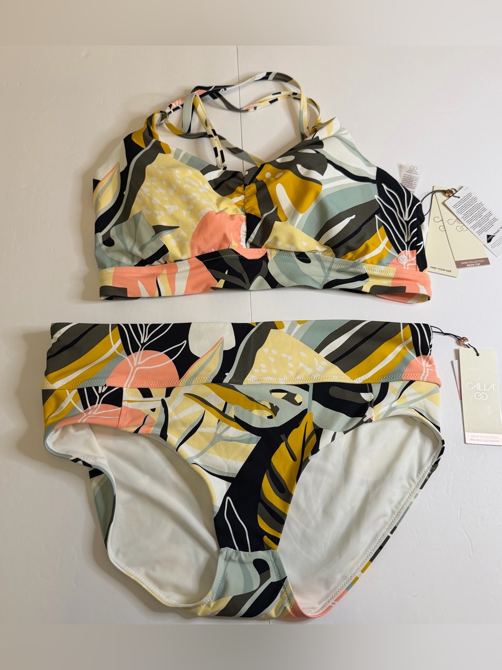 CALIA Womenโs XL/L Multi Palm Ruched Cross Bikini Top Boyshort Swim Set NWT